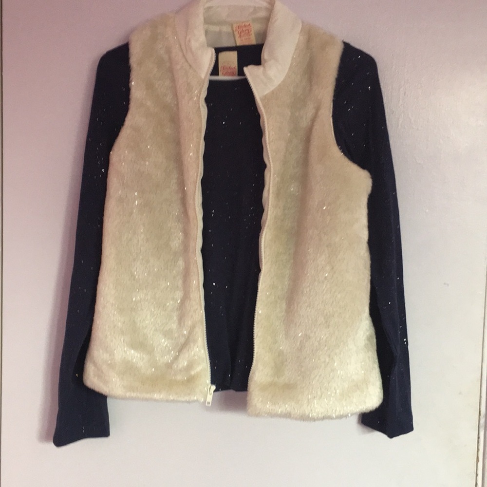 Navy sparkly shirt with white furry sparkly vest